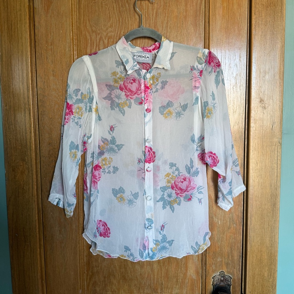 Forenza White Sheer Floral Button-Up Blouse with Pink Roses